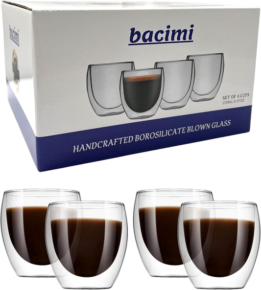 Bacimi® Double Wall Insulated Coffee Mugs (Set of 4 / 5oz) - Clear Borosilicate Cups - Thermal Drinking Cups for Espresso,