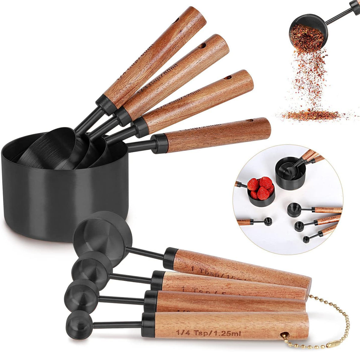 Collection 8 Piece Black Measuring Cups Set and Measuring Spoons, Golden With fragrant wood Handles-Complete Set of Measure Cups and Spoons For Cooking and Baking.