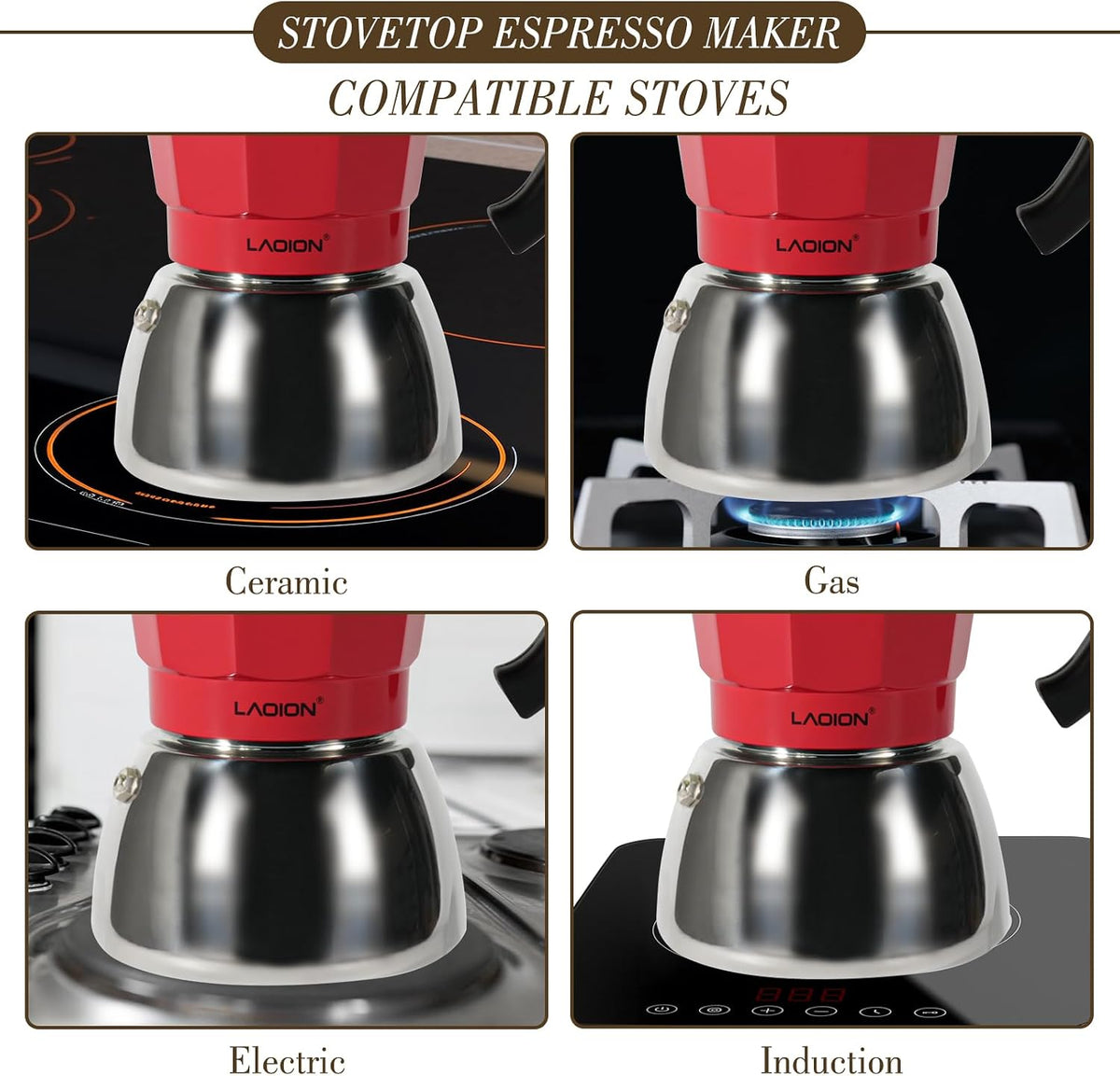 LAOION Stovetop Espresso Maker, 3Cup Moka Pot, Espresso Machine | Compatible with Induction Cooktops, 150ml Stainless Steel &amp; Aluminum Cuban Coffee Maker for Cafetera Cubana, Red