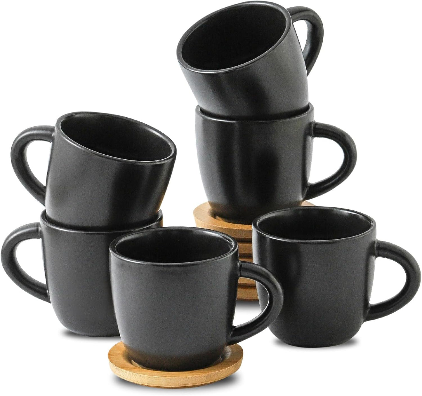 HASENSE 6 oz Cappuccino Cups with Saucers, 6 Pcs Ceramic Espresso Cups with Handle for Double Shot, Latte, Cafe Mocha, Stackable Coffee Cups Demitasse Cups with Handle for Cafes, Home, Office, Black
