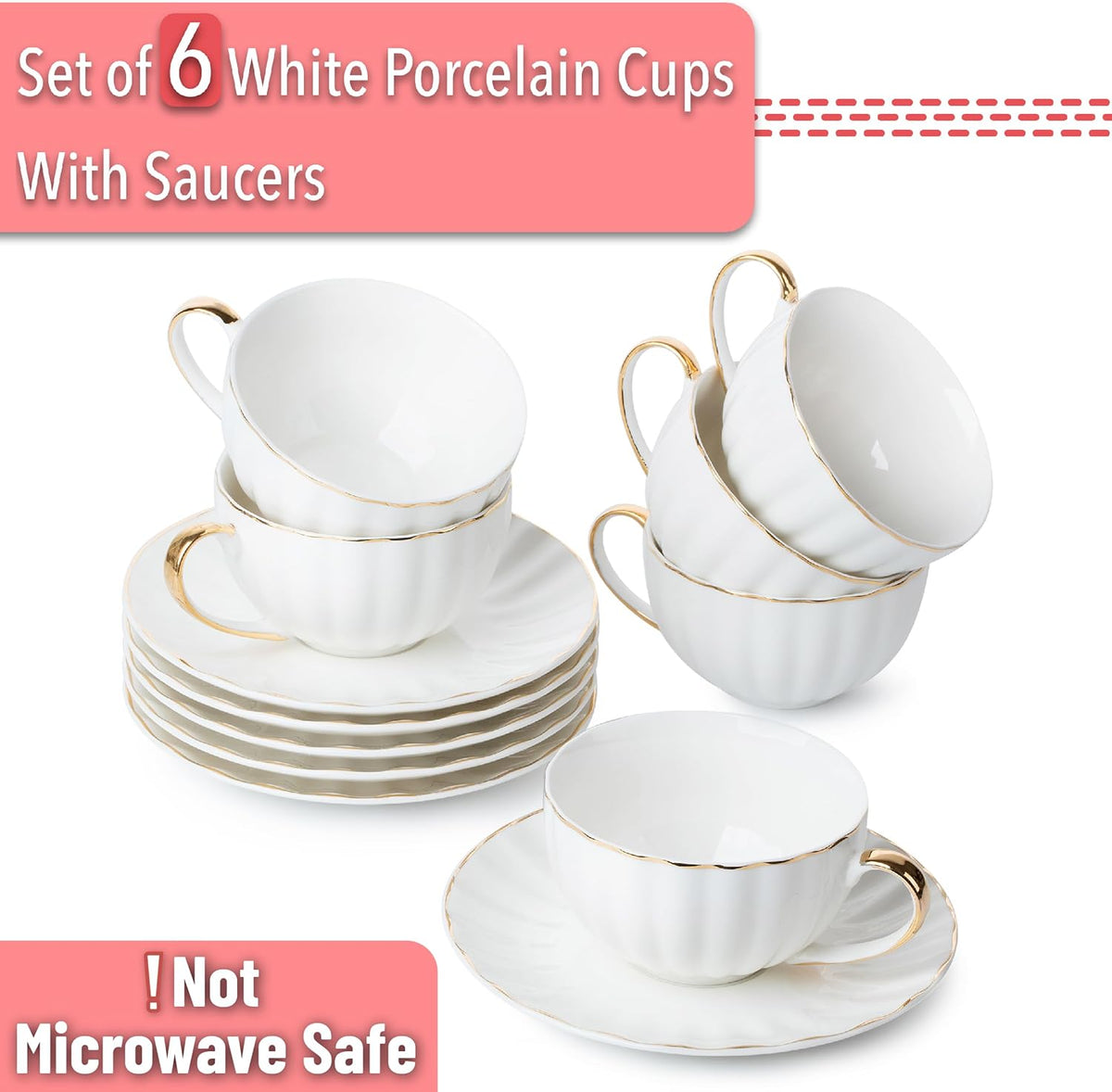 BTaT- White Tea Cups and Saucers Set of 6 (7 oz), Porcelain White Tea Cup Set with Golden Trim Design, Dishwasher Safe