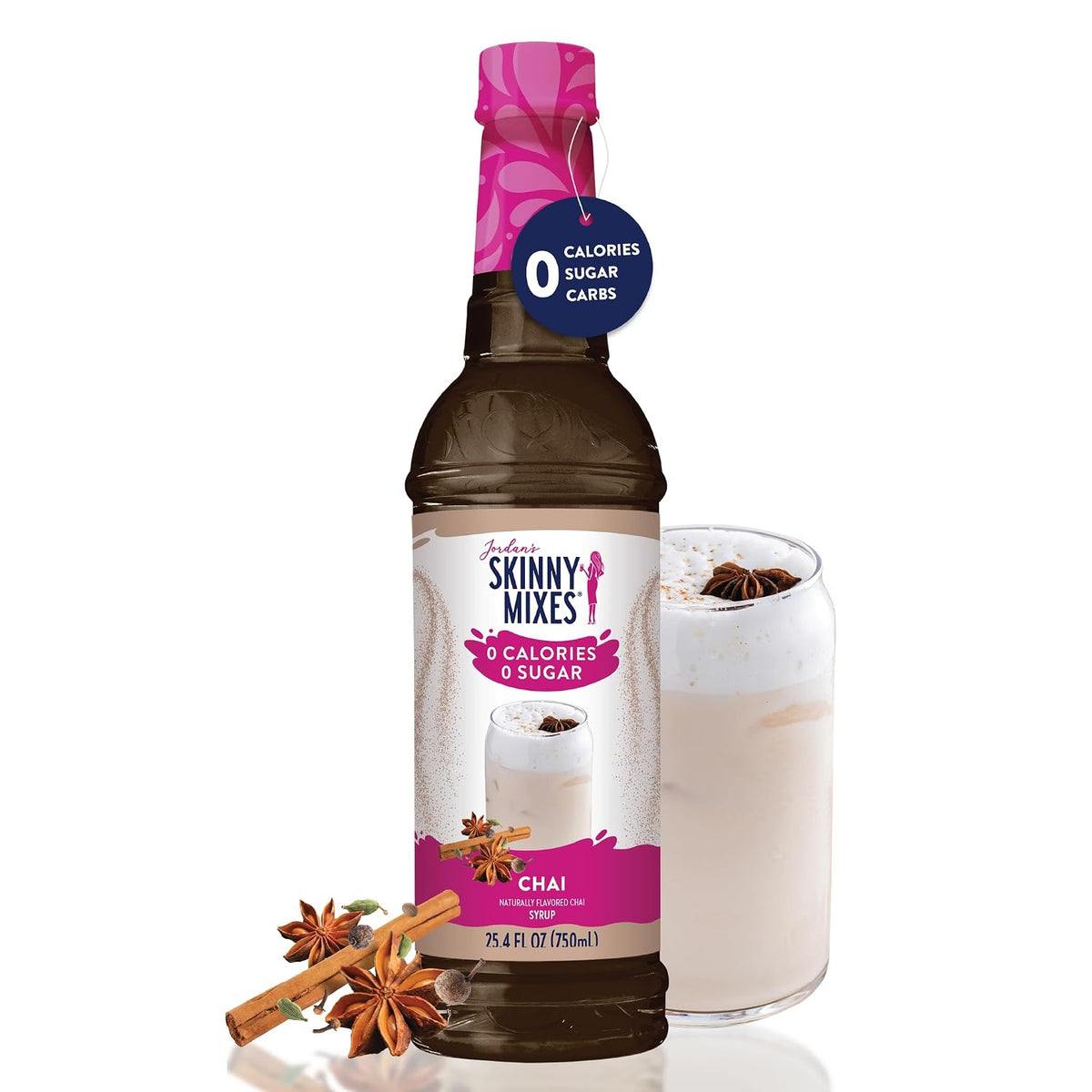 Jordan's Skinny Chai Coffee Flavoring Syrup, 25.4 fl oz | 0g sugar, 0 calories, 0g carbs, Keto-friendly and kosher, 25 servings per bottle, Mixes into lattes, shakes, and cocktails