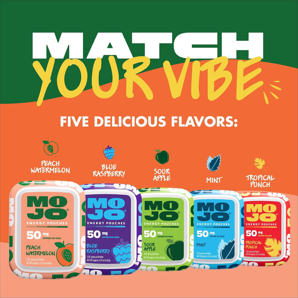 MOJO Caffeine Pouches with Naturally Derived Caffeine from Green Tea, Ginseng, Yerba Mate, L-Theanine &amp; B-Vitamins | Nicotine-Free | Zero Sugar | 50mg Caffeine | Peach Watermelon