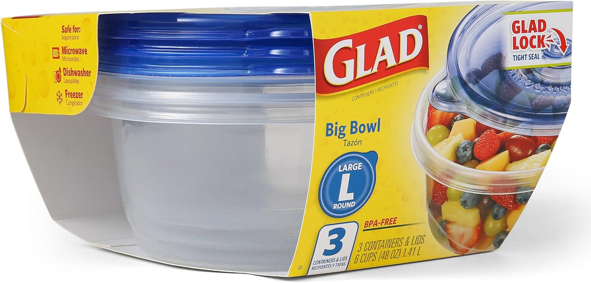 Glad Big Bowl Food Storage Containers, Large Round - (48 Oz) - 3 Count, Standard