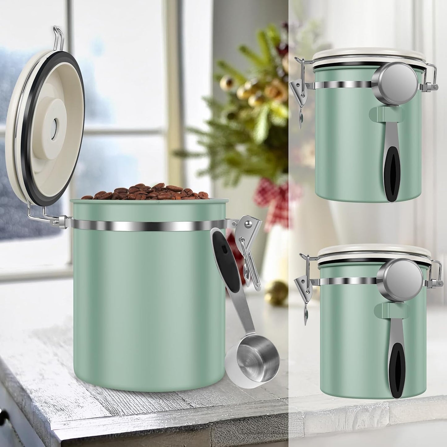 2PCS Coffee Storage Canister 1.5L 51OZ Double Airtight Coffee Beans Container with Date Locator 304 Stainless Steel Kitchen Food Storage Container with Spoon For Coffee Beans Grounds Tea Sugar