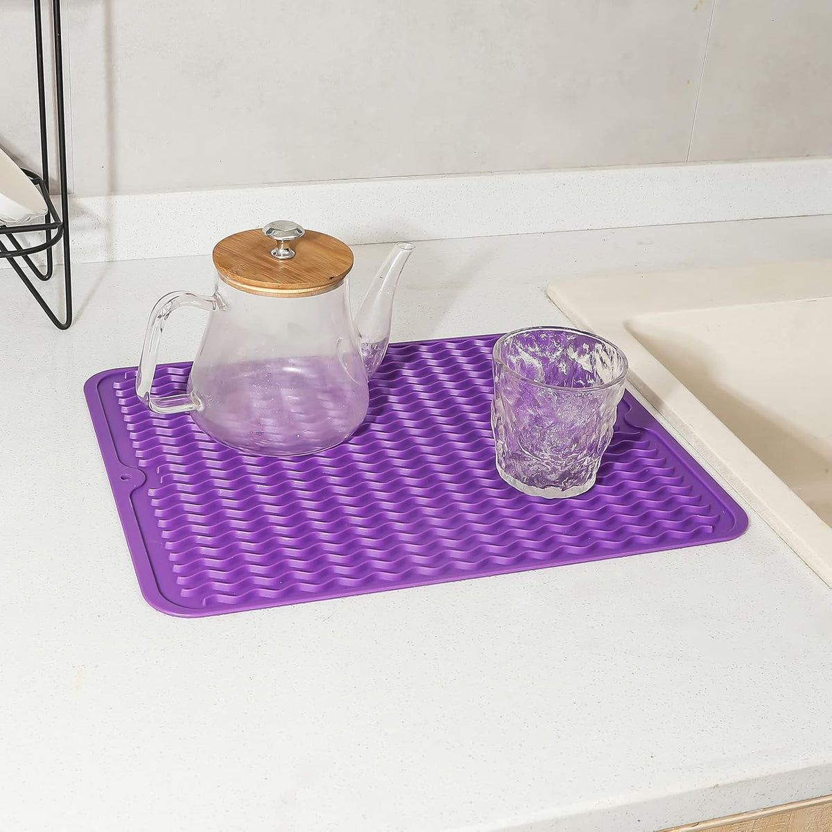 Silicone Dish Drying Mat for Multiple Usage,Easy clean,Eco-friendly,Heat-resistant Silicone Mat for Kitchen Counter or Sink,Refrigerator or drawer liner Purple L 16 inches x 12 inches