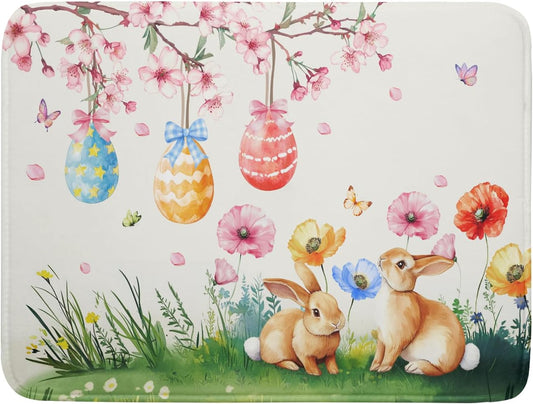 Giwawa Easter Bunny Dish Drying Mat, Spring Rabbits Eggs Hunt Dish Drainer Mats for Kitchen Countertop, Watercolor Floral
