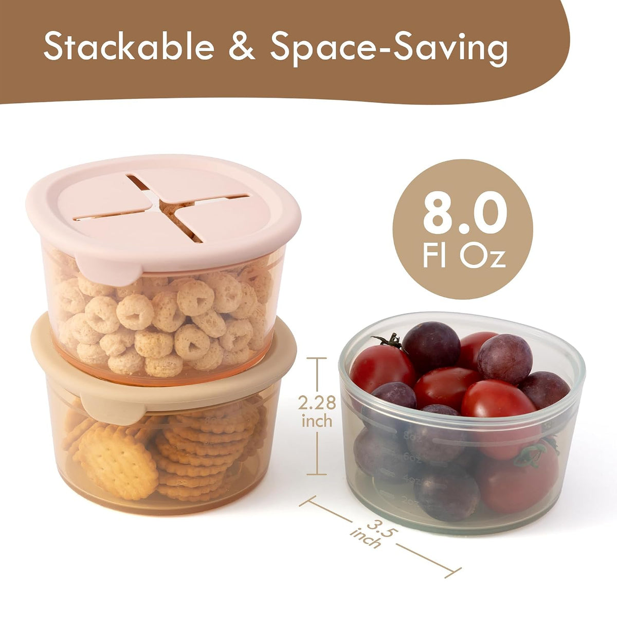 Moonkie Silicone Snack Containers for Kids | 8 oz Baby Food Storage Containers with Airtight Lids and A Snack Lid | Baby Food Jars | BPA Free | Freezer &amp; Dishwasher Safe | 3 Pack