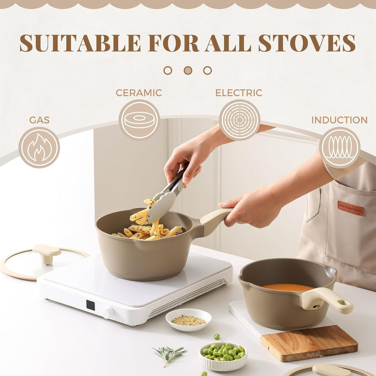Nonstick Saucepan with Lid, 2 Quart Sauce Pan, Healthy Sauce Pot with Pour Spouts for Multipurpose Use, PTFE, PFOA Free, Induction Compatible, Apricot