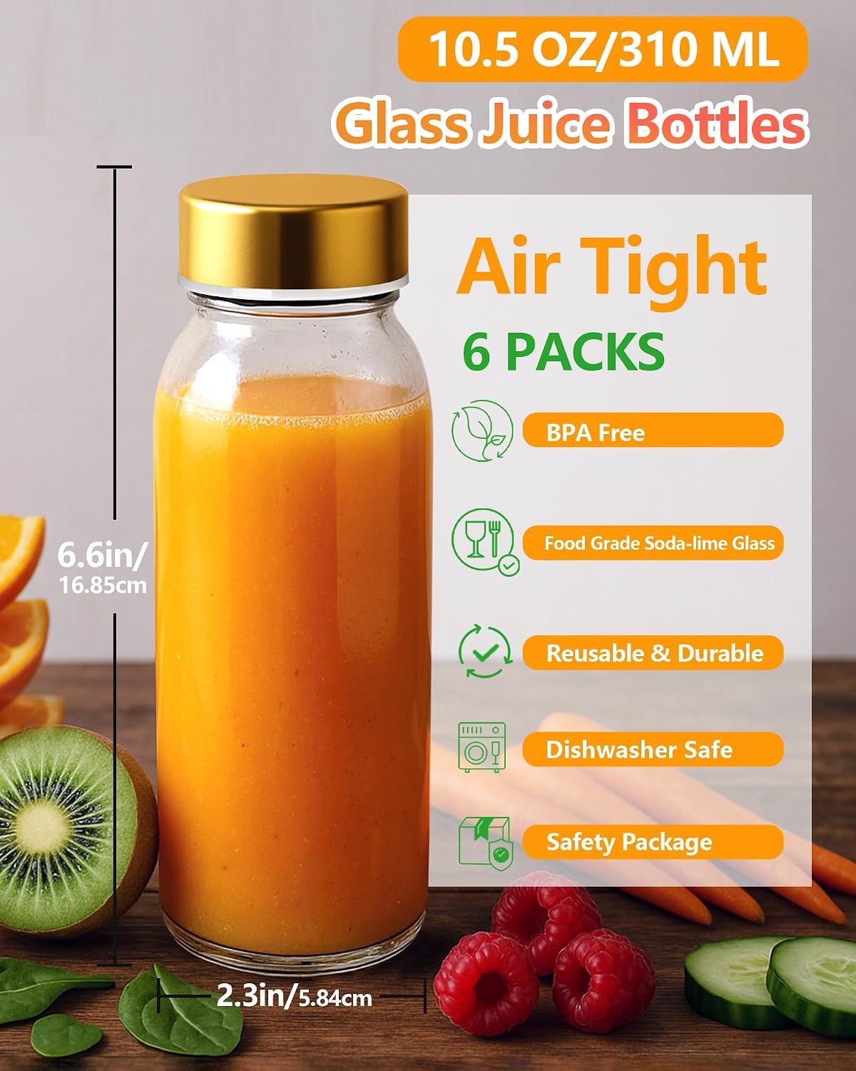 Zukro 10 oz Glass Juice Bottles with Stainless Steel Gold Lid Leak Proof