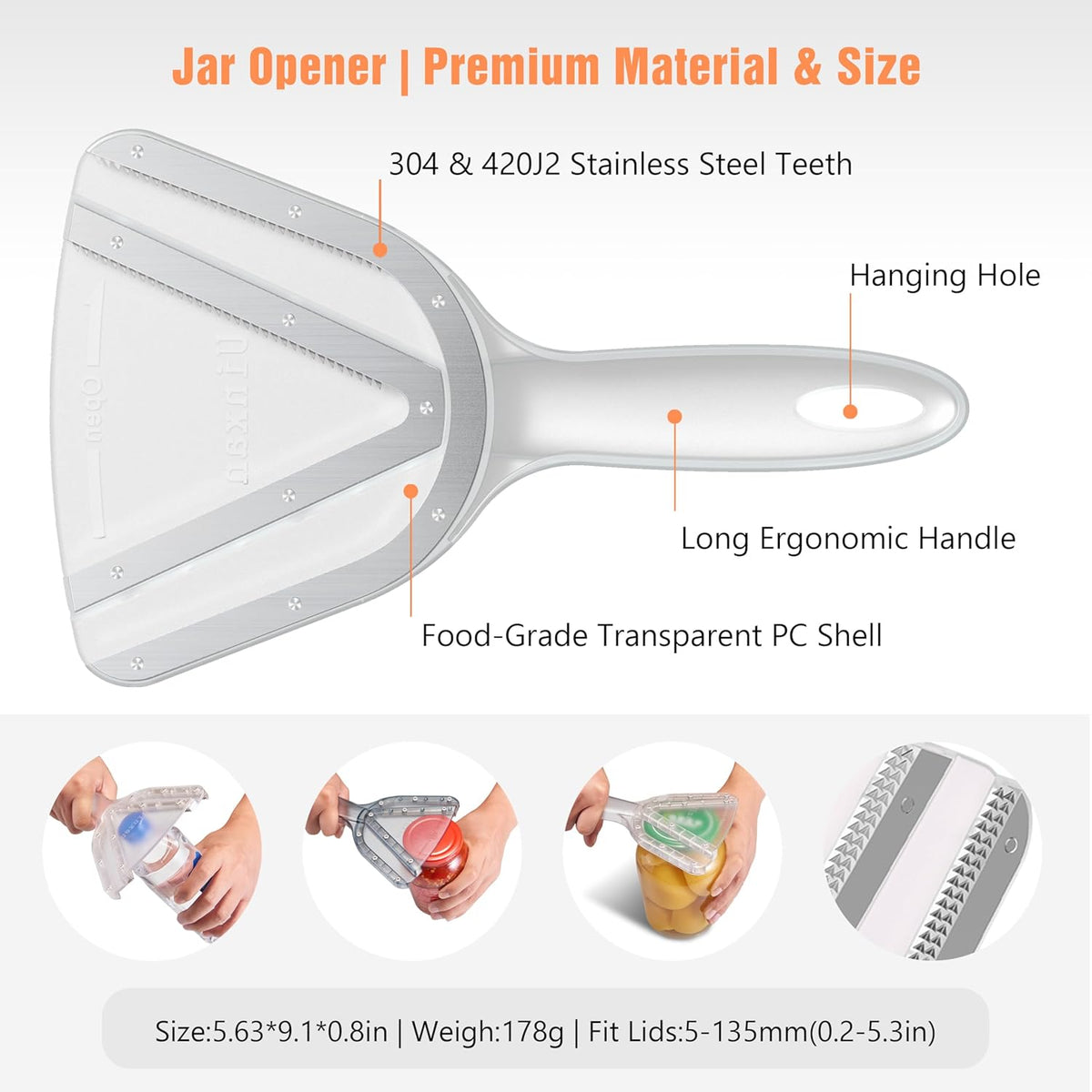 Uinxan Patented Jar Opener, Ideal for Weak Hands &amp; Seniors with Arthritis | Effortlessly Opens 0.2"-5.3" Stubborn Lids &amp; Screw Bottle Caps, Handheld Manual, Durable 304 Stainless Steel (Orange)