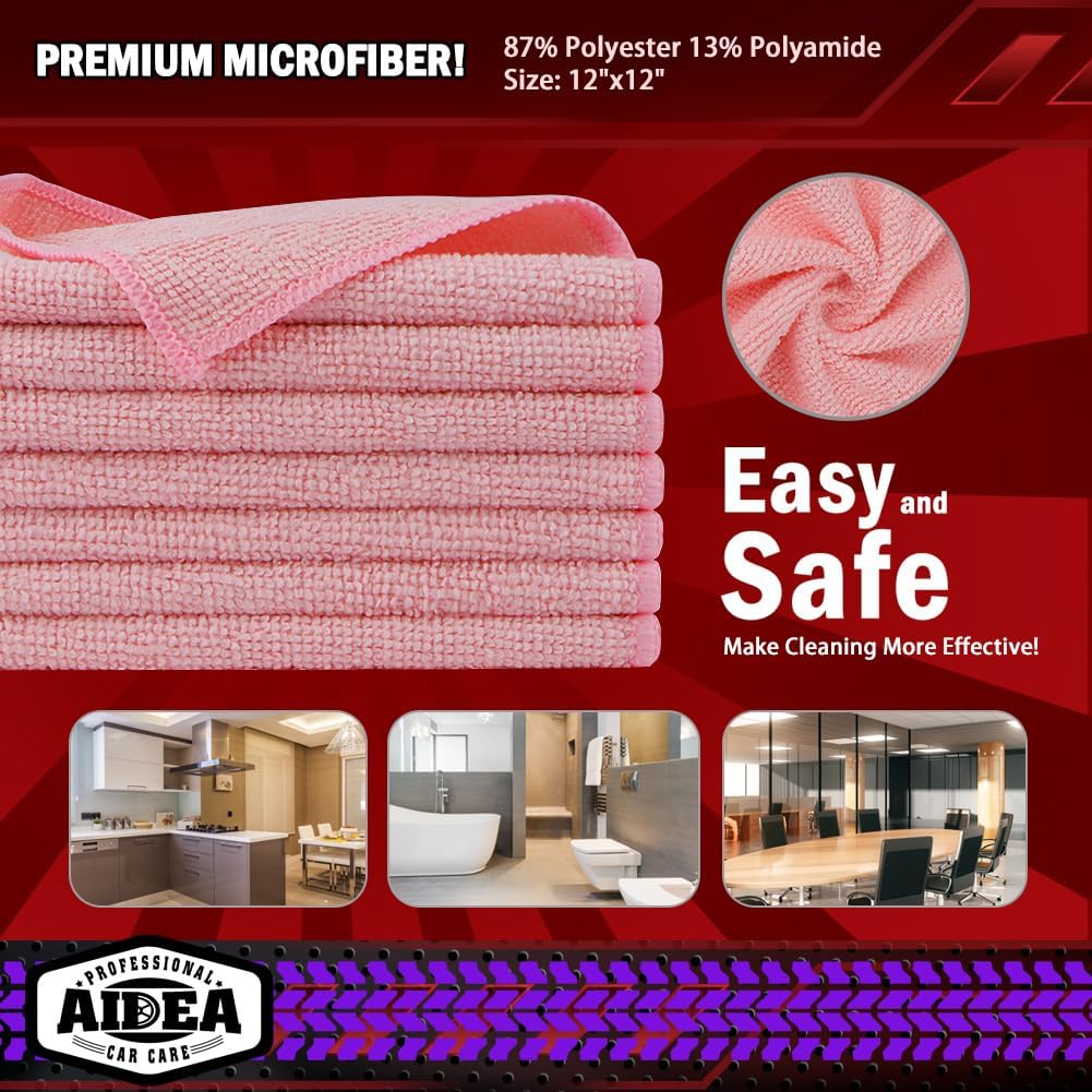 AIDEA Microfiber Cleaning Cloth Pink 20PK, Microfiber Towels 12×12"