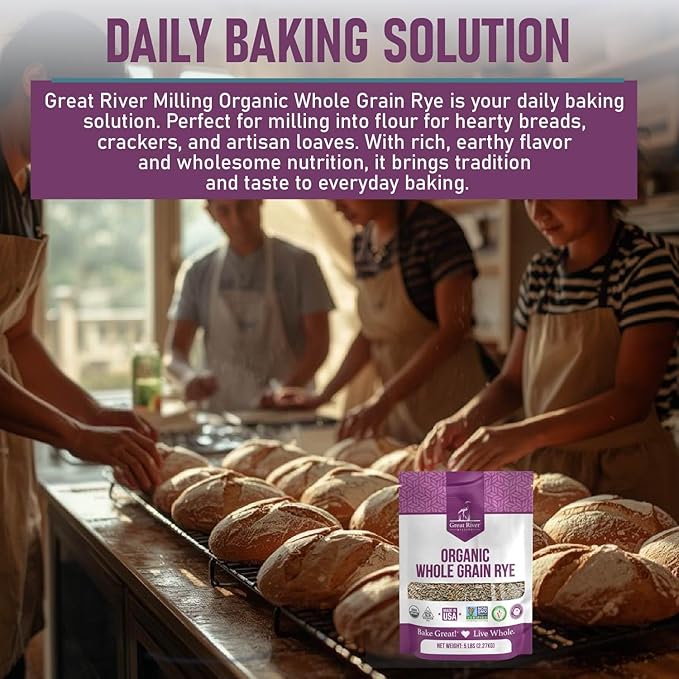 Great River Milling Organic Whole Grain Rye Berries | High-Fiber, Nutrient-Rich Ancient Grain | Non-GMO, Kosher | Ideal for Baking, Sourdough, Salads, Pilaf & Soups | 5 Lb