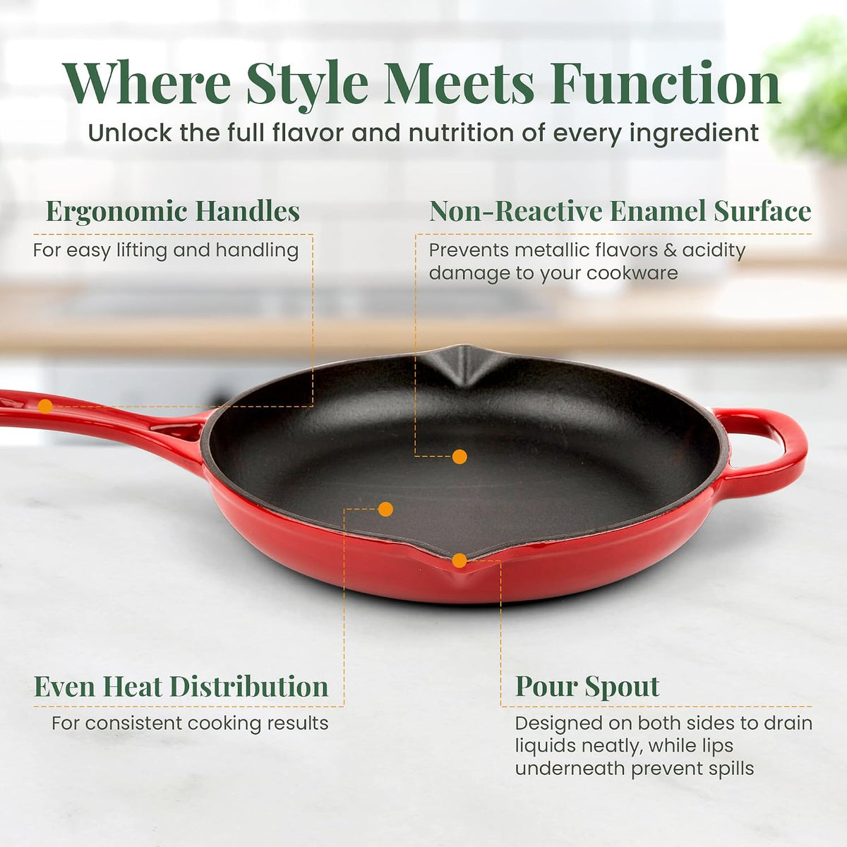 Larder & Vine Enameled Cast Iron Skillet | 10.25 inch Skillet | Saute Pan with Pour Spouts | Enamel Coated Cast Iron | Compatible on All Cooktops & Oven Safe to 500 F | Cabernet