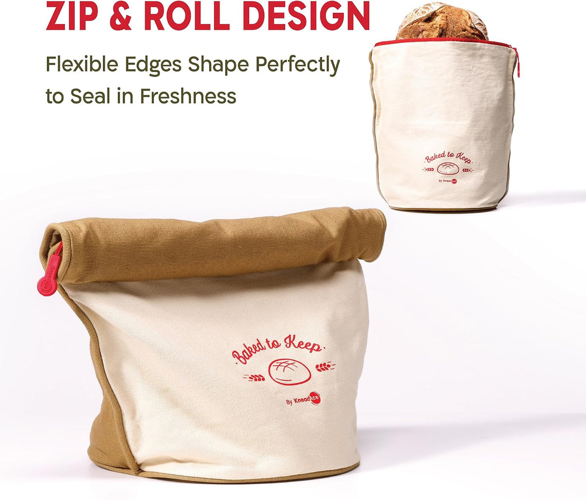 KNEADACE Sourdough Bread Bags for Homemade Bread, 2 Pack Reusable Cotton | Food-Safe TPU Lining, Freezer Safe, Machine Washable, Roll-Top with Zipper Closure, Eco-Friendly Bread Storage