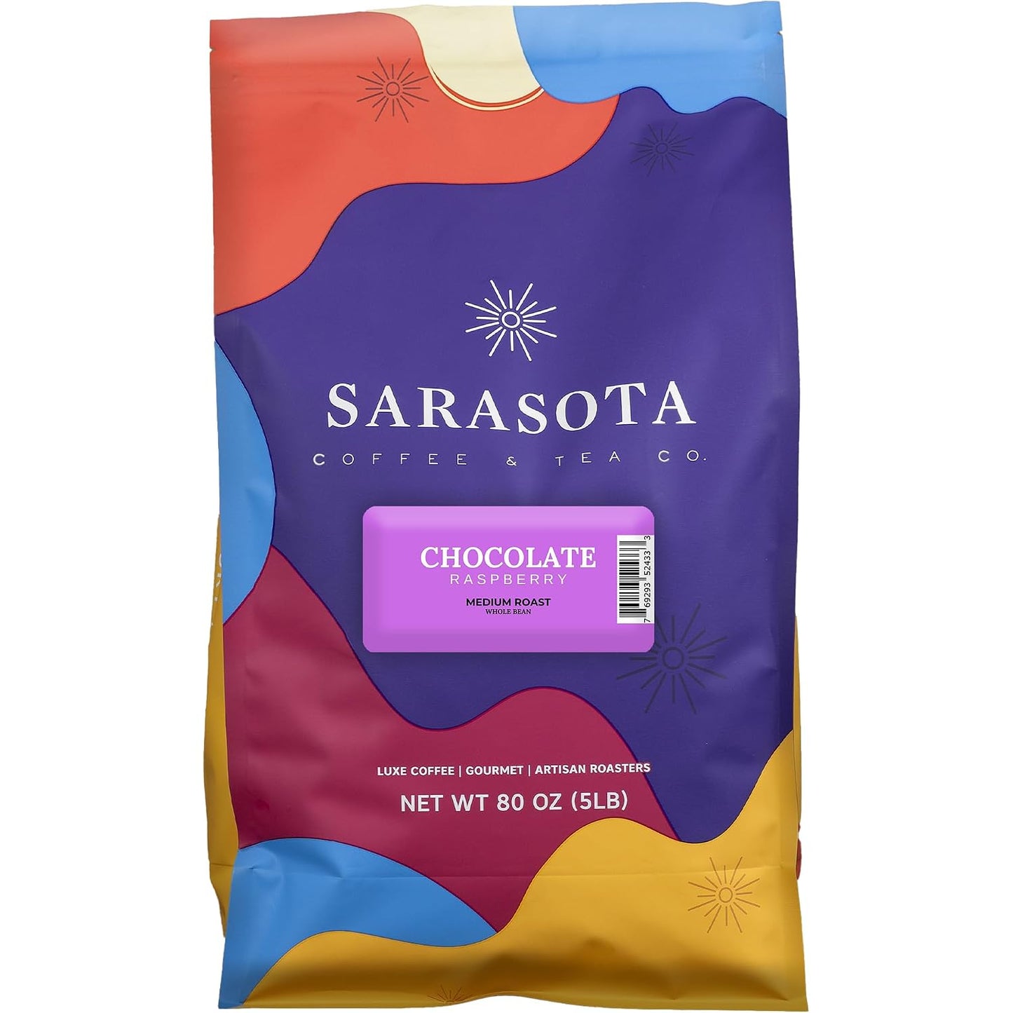 Sarasota Coffee Whole Bean Chocolate Raspberry | Medium Roast Gourmet Flavored Coffee Beans | Low Acid, Mold Free, Specialty Grade Bulk Coffee Beans | 5lb (80 oz)