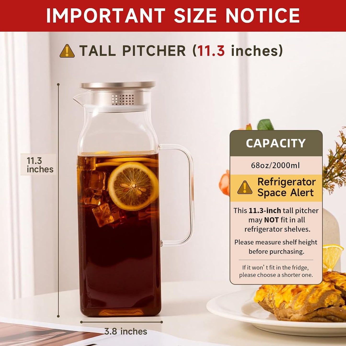 Glass Pitcher with Lid and Spout, 2L/68oz Square Pitcher
