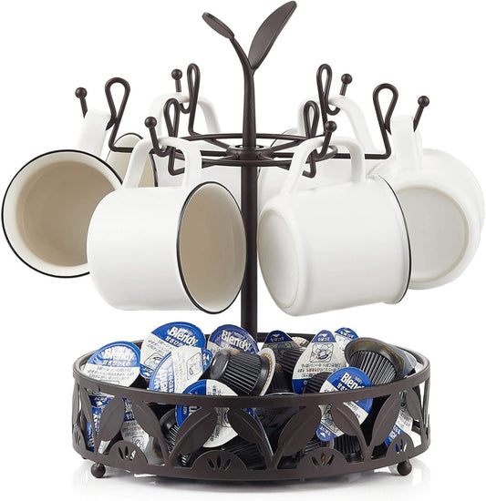 Coffee Mug Holder with Coffee Pod Basket Storage, Rotatable 6-capacity Cup Mug Holder Tree, Coffee Counter Bar Accessory &