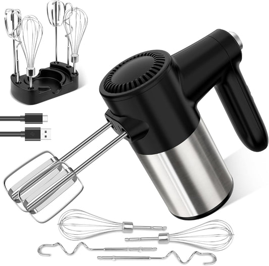 Cordless Hand Mixer, Digital Display 7 Speed Rechargeable Electric Mixer Handheld with 6 Stainless Steel Attachments Whisks