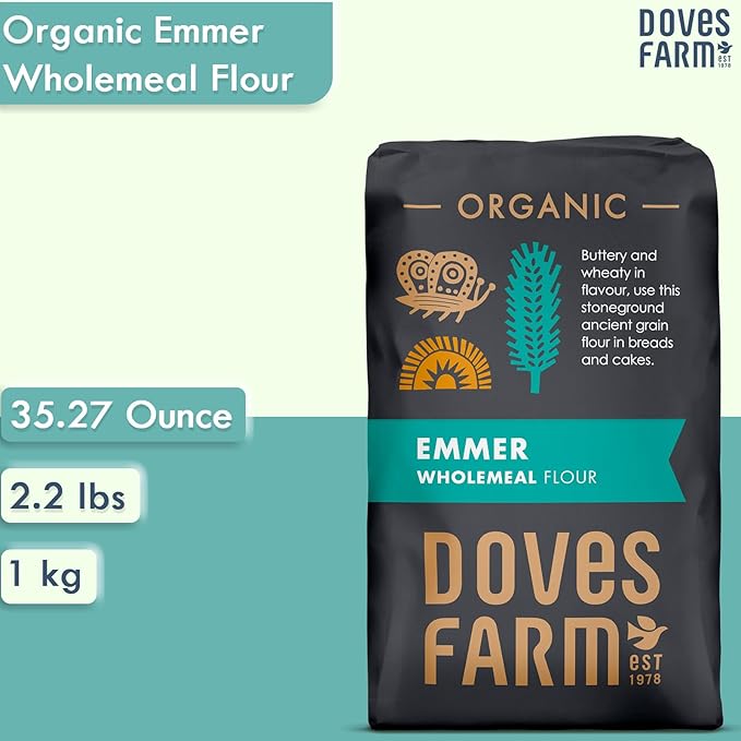 Doves Farm Organic Emmer Wholemeal Flour | for Bread & Cake Baking | High in Fiber & Protein | Traditional British Stoneground Flour | Kosher & Vegan | Whole Wheat Flour | 35.27 Oz (1kg)