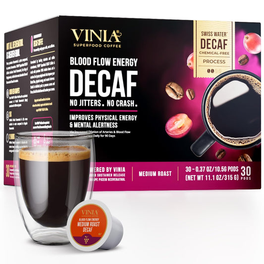 VINIA Blood Flow | Decaf Medium Dark Roast Coffee Pods | K-Cup Pods, 30 Ct | Functional Coffee | 100% Arabica | Red Grape Piceid Resveratrol | Heart Health, Physical Energy, Alertness, Circulation