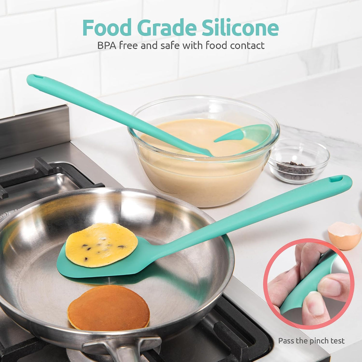 U-Taste Silicone Kitchen Cooking Utensil Set of 5, 13.6" Long, Aqua Sky | 600ºF Heat Resistant Food Grade Kitchen Tools&amp;Gadgets, Extra Long Wide Spatula Turner Spoon Ladle for Serving Mixing Stirring
