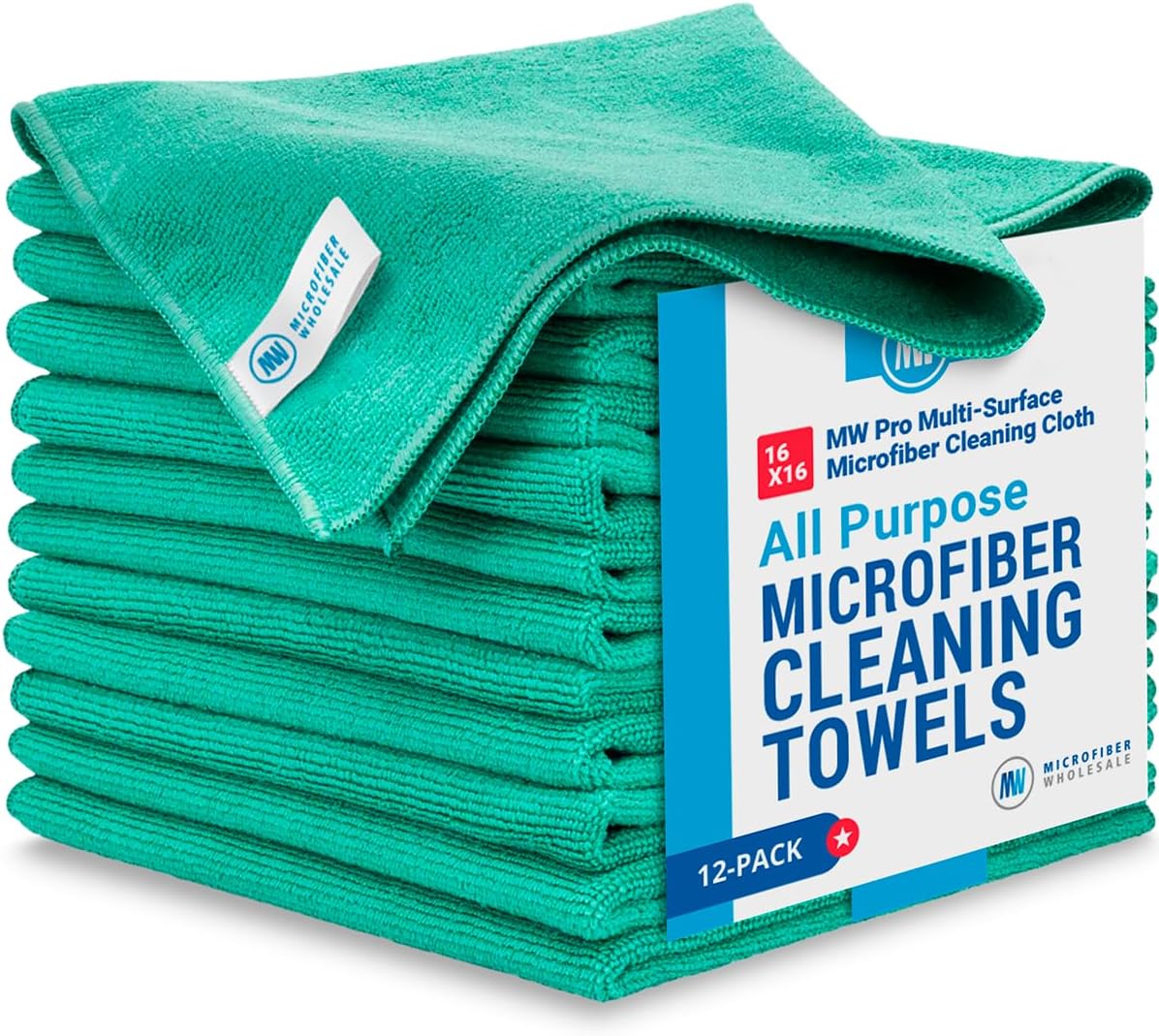 MW Pro Microfiber Cleaning Cloth | Green (12 Pack) | Size 16" x 16" | All Purpose Microfiber Towels 