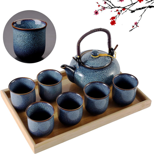 DUJUST Japanese Tea Set for 6, Kiln Altered Glaze Porcelain Tea Set with 1 Teapot, 6 Tea Cups & 1 Tea Tray, Unique Chinese