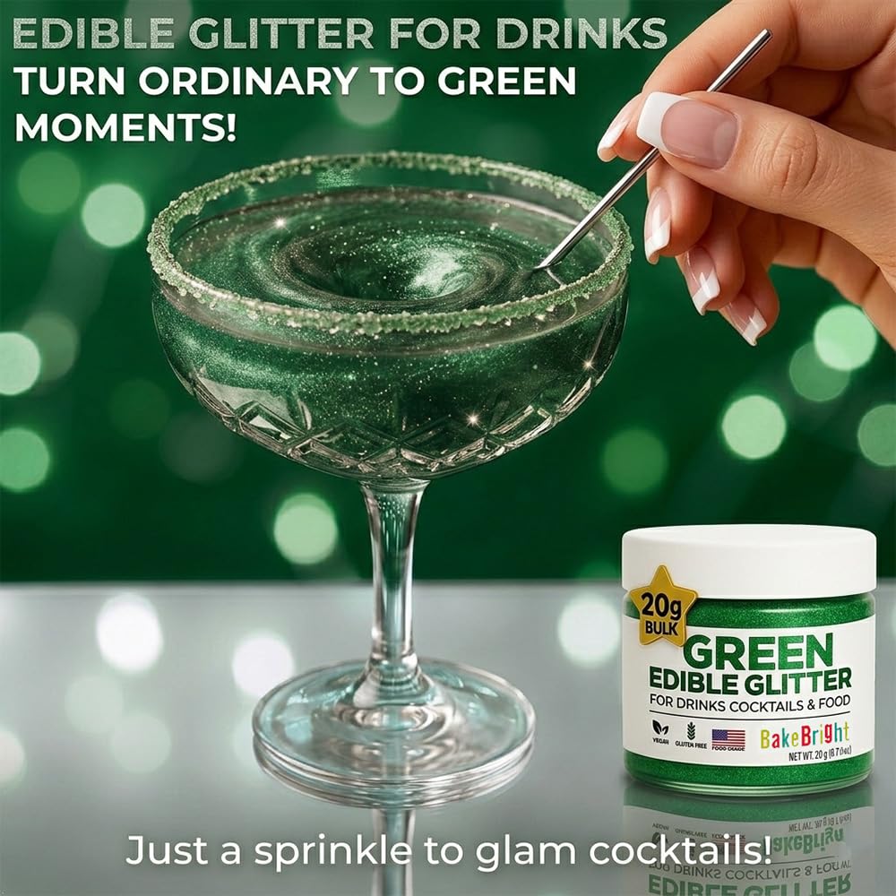 Dark Green Edible Glitter for Drinks 20g - Green Edible Glitter for Cakes Cocktails Cake Decoration Sprinkles - Green Luster Dust for Cocktail &amp; Cake Topper Chocolate Baking Decorating Fondant Cookies - Drink Shimmer Spray - Food Grade Vegan, Kosher,