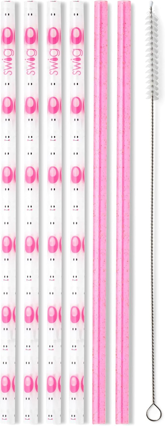 Swig Life Reusable Straws Faboolous + Pink Glitter Tall Straw Set & Cleaning Brush, Each Straw is 10.25 inch Long (Fits Swig