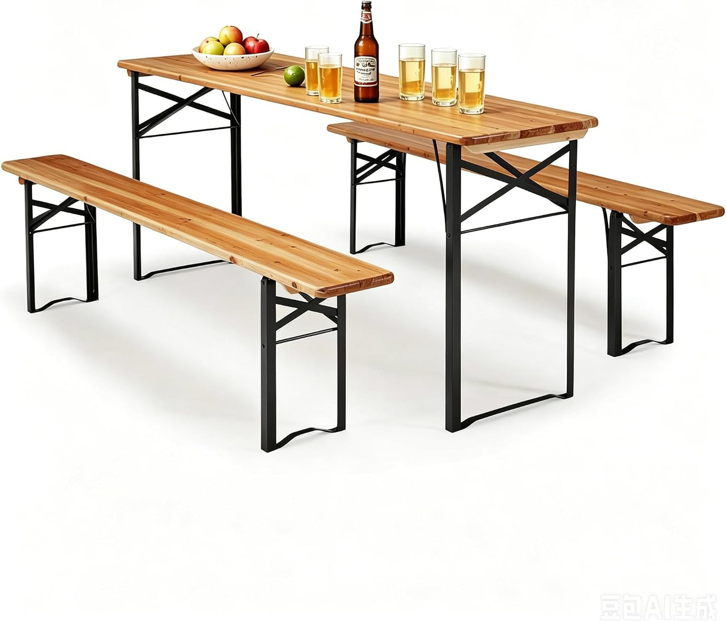 AVAWING 5.8FT 3-Piece Portable Picnic Table Bench Set, 6-8 Person Folding Wooden Dining Table Set，70" Patio Beer Table f