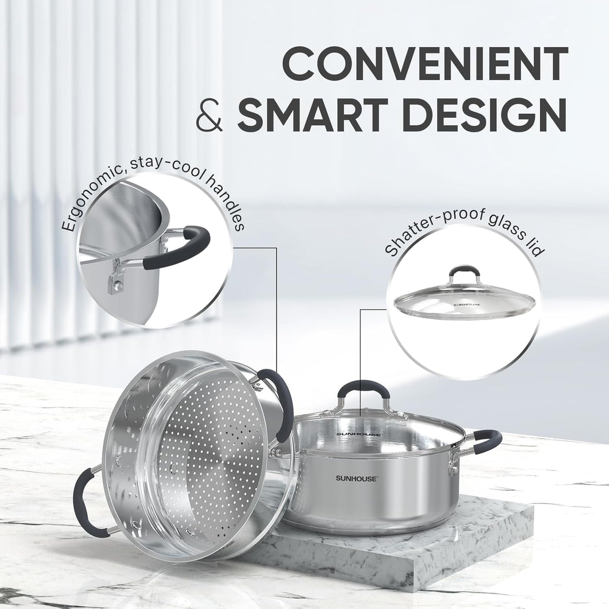 Sunhouse - 4.6 Quarts Steamer Pots With Lid 2-Tier Multipurpose Stainless Steel Steaming Pot Cookware For Vegetable, Dumpling, Sauce, Food - Triple Bottom, Measurement Line