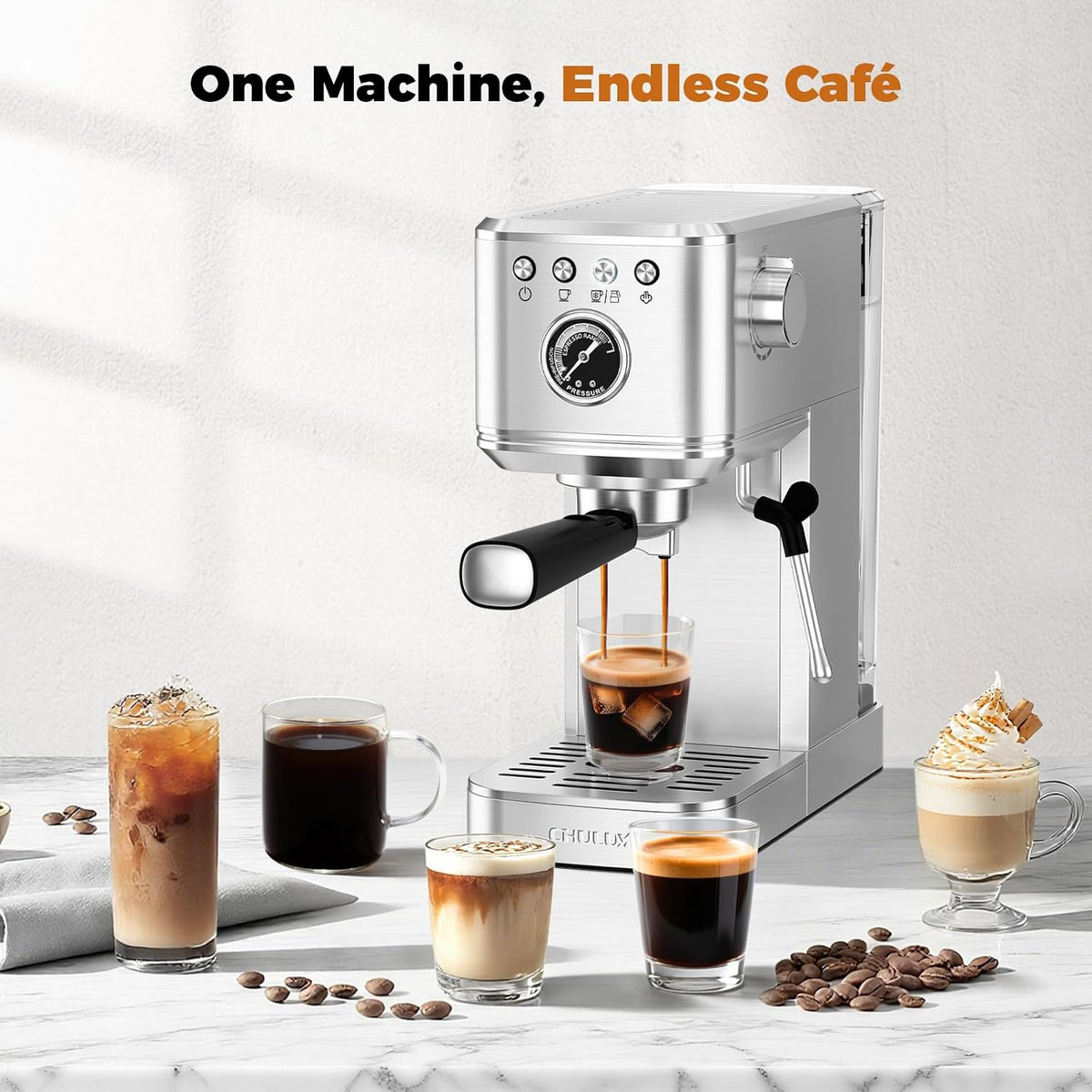 CHULUX Elite Espresso Machine for Latte, Americano and Iced Coffee, Silver