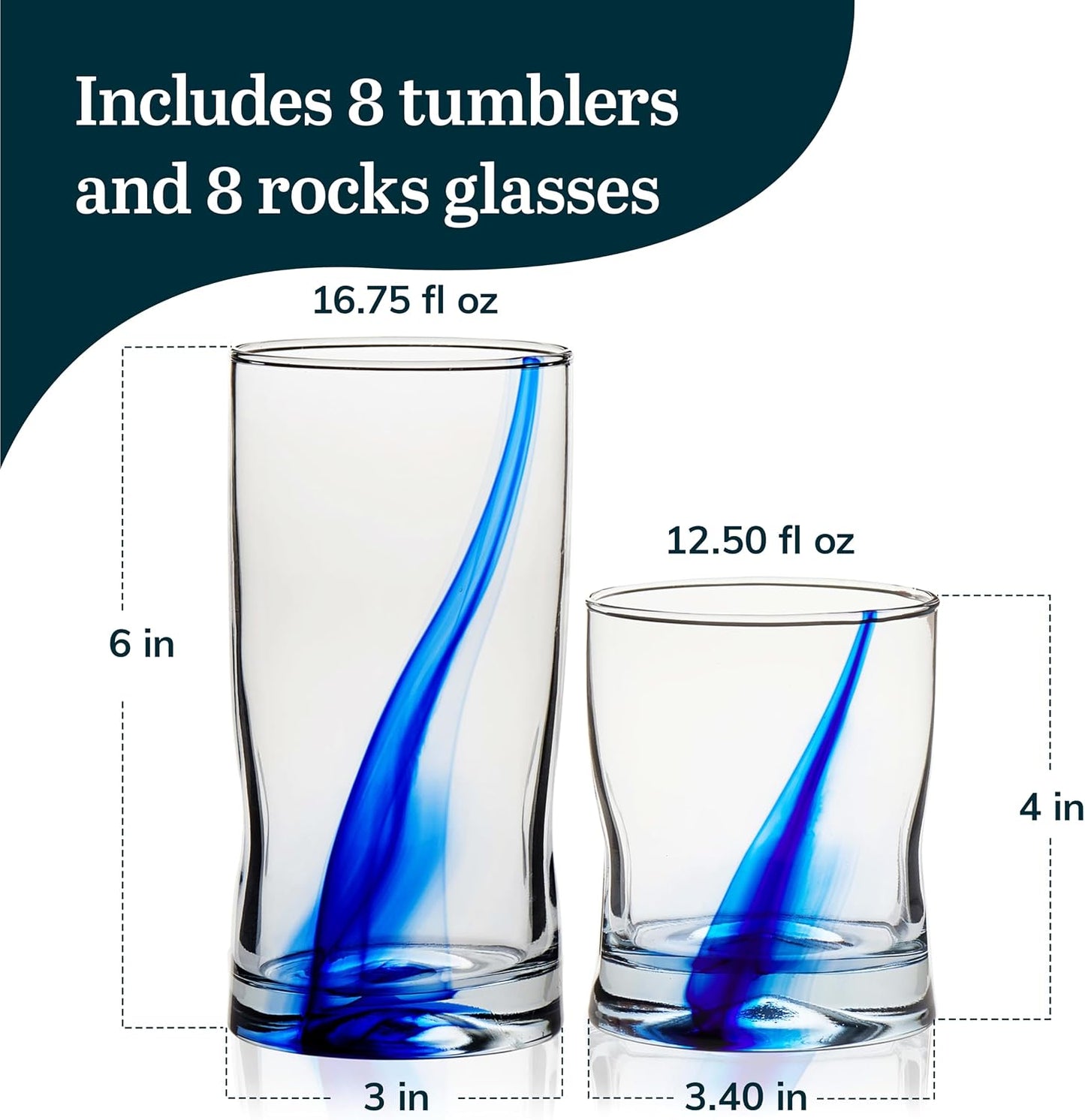Blue Ribbon Tumbler &amp; Rocks Drinking Glasses Set of 16, Dimpled Cups | 16.75 oz and 12.5 oz Capacities for Water, Juice, Cocktails, and More with Blue Ribbon Design and Dishwasher-Safe Cleanup