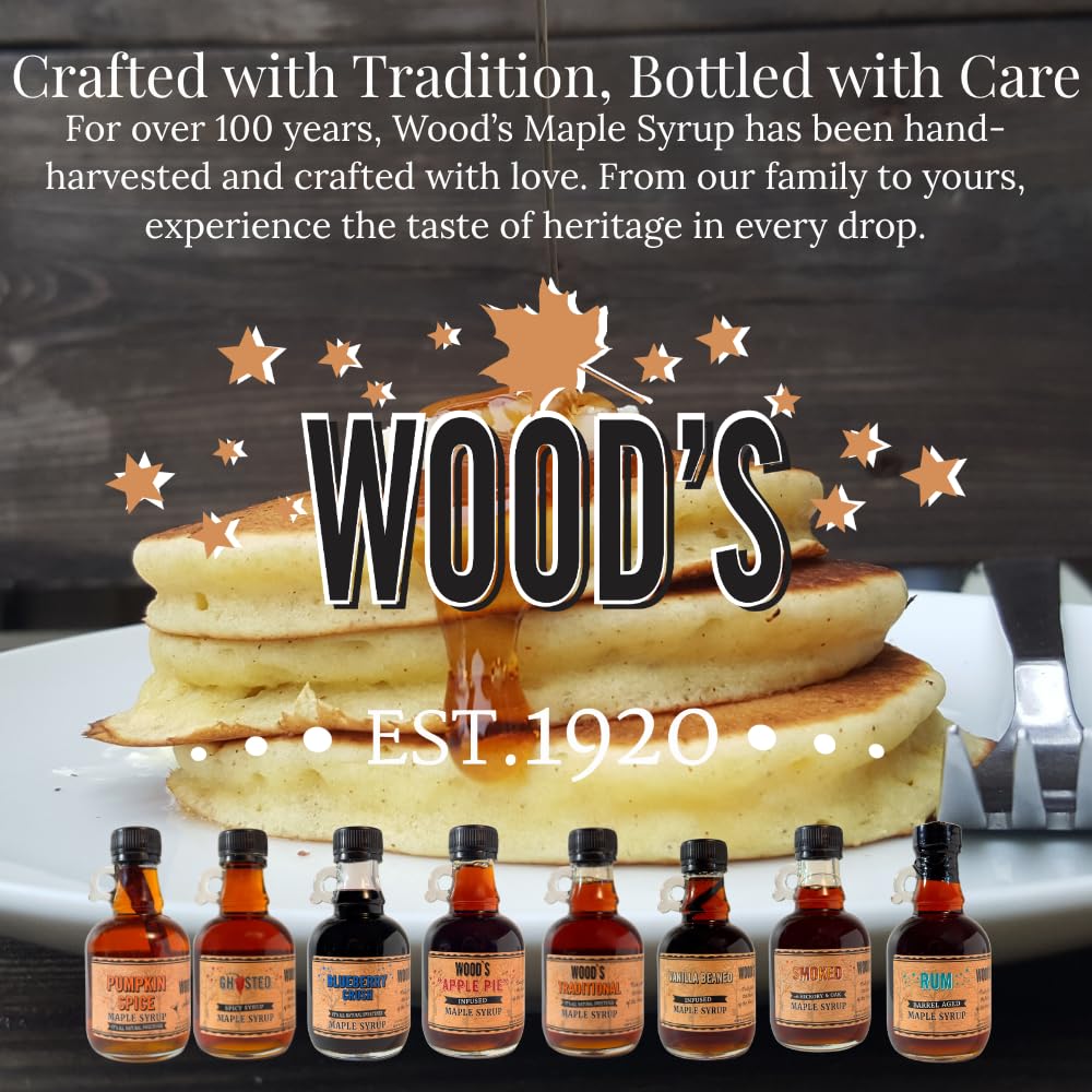 WOOD'S Vanilla Beaned Maple Syrup – Infused Vermont Maple Syrup with Real Vanilla Bean Pod | Smooth, Rich, All-Natural &amp; Vegan Sweetener | Perfect for Breakfast, Baking, Seafood, Popcorn &amp; More | 8.45 Fl Oz (250mL)