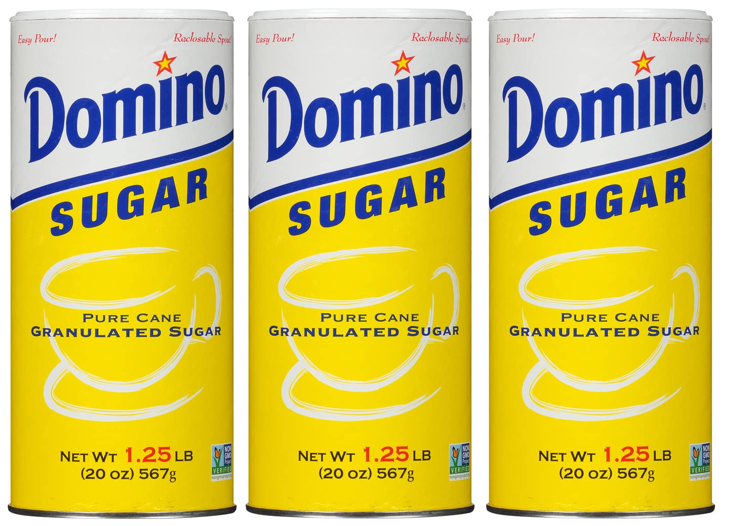 Domino® Granulated Sugar, 20 oz Canister, 3 Pack | Granular Crystals, Easy Pour Spout, Resealable Storage, Ideal for Baking Cooking Beverages, Controlled Dispensing, Pantry Use