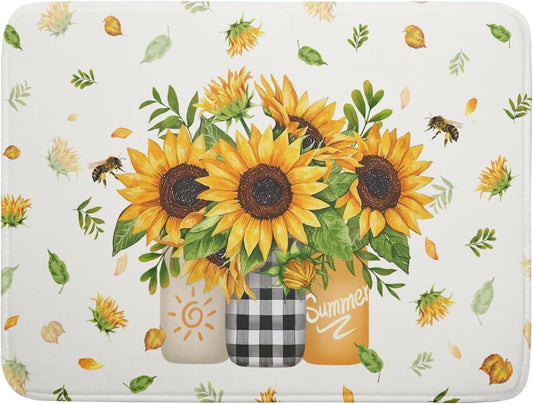 Giwawa Sunflower Vases Dish Drying Mat for Countertop, 18"x24" Summer Bee Floral Mason Jar Dish Drainer Mats, Fast Dry
