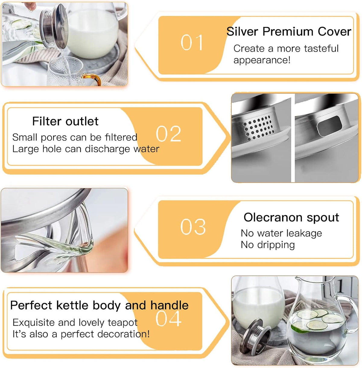 84.5oz Borosilicate Glass Teapot with 304 Stainless Steel Lid &amp; Built-in Strainer, Stovetop &amp; Microwave Safe Tea Kettle for Loose Leaf/Iced/Fruit/Herbal Tea, 2500ml Clear Pot