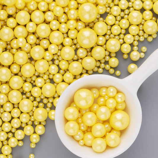 Yellow Edible Pearls for Cake Decorating, 6 Sizes Mix Sugar Sprinkles Cupcake Topping Cake Decorations, Wedding Party