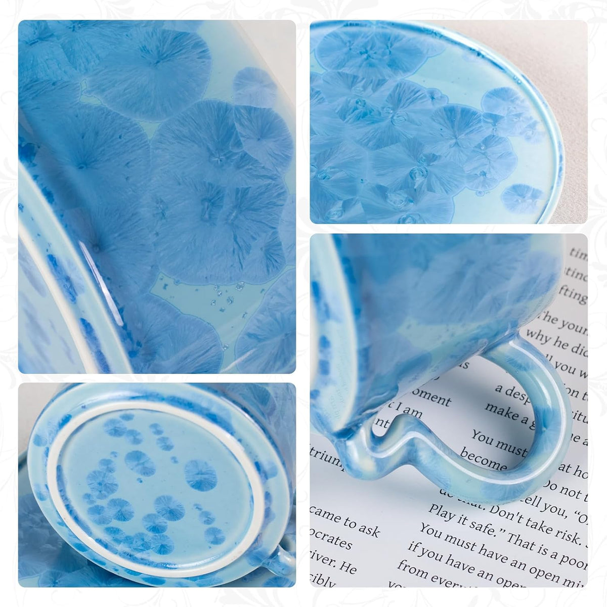 KAMMAK Tea Cups and Saucers set of 2, Porcelain Coffee Cups, 7.5oz Crystalline Glaze Espresso Mugs, Ceramic Demitasse for Coffee, Cappuccino, Latte, Americano, Tea (Dark Blue and White Blue)