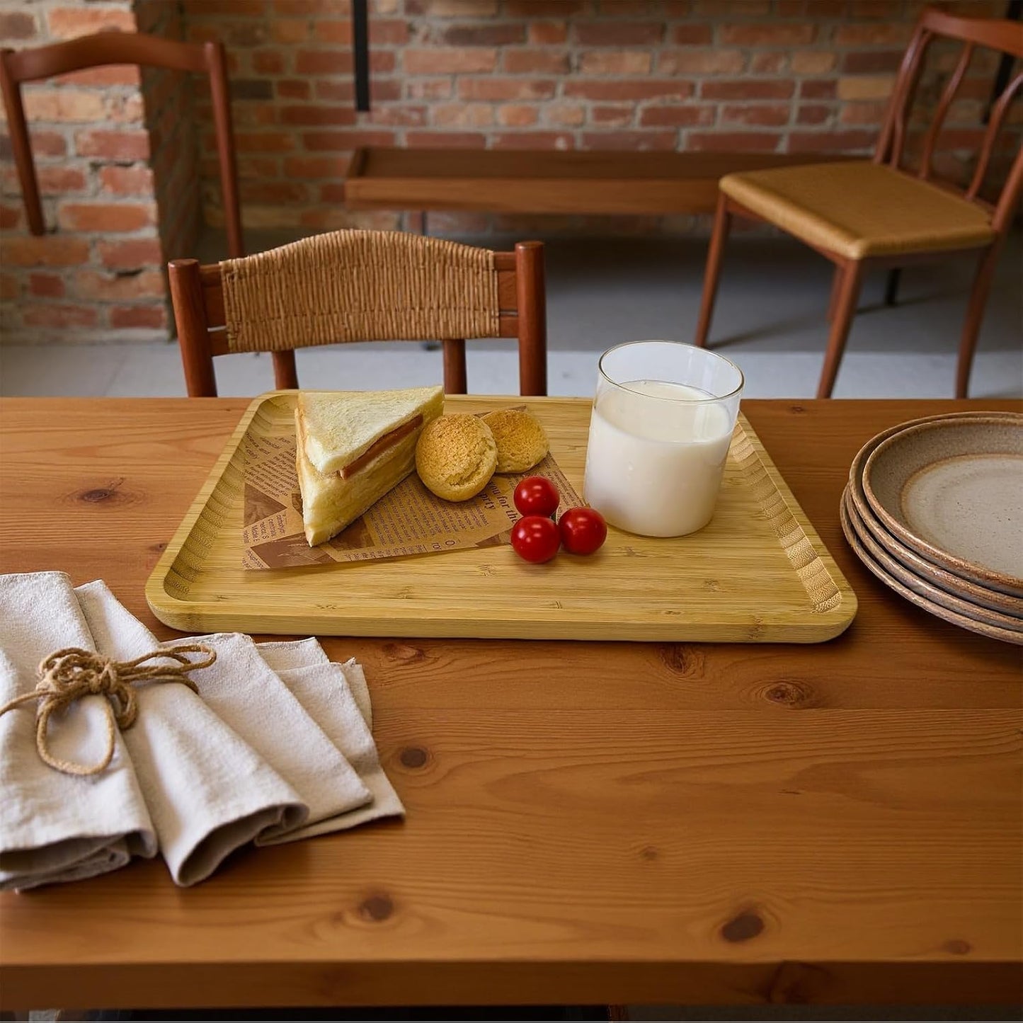 DILLMAN Bamboo Serving Tray Wooden Rectangle Dinner Food Bed Lab Tray Small | Nature Bamboo, Raised Edge, Stackable, Durable, For Breakfast, Coffee, Eating, Kitchen, Restaurants Vanity Display