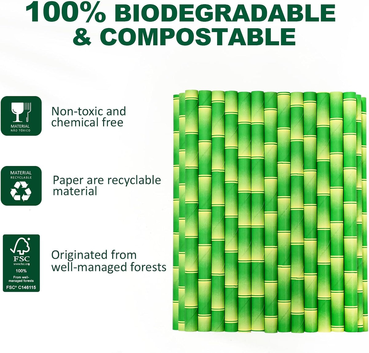 5.75" x 0.31" Green Bamboo Disposable Paper Drinking Straws for Short Drinks, Blended Cocktails, Margaritas, Smoothies, Milkshakes - Unwrapped [250 Counts]