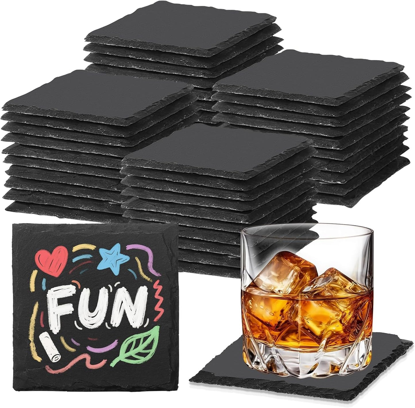 48 PCS Slate Coasters Black Square 4 Inch Bulk Rock, Blank Laser Engraving, Scratch Resistant Bottom