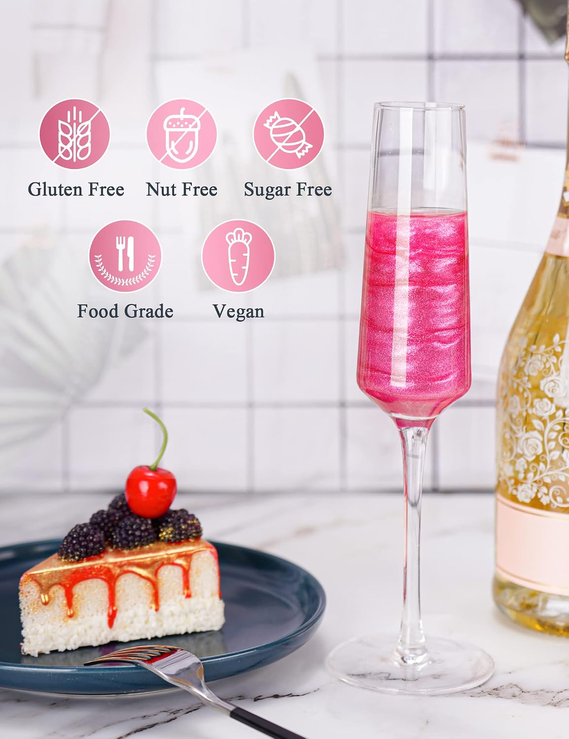 NiHome 4 Bottles Edible Luster Dust Glitter Powder Fancy Metallic Sprinkles | 4 Colors Decorating Sprinkle Glimmery Dust for Drinks Cocktails Wine Beverage Cakes, Allergen-Free Food Coloring (20g)