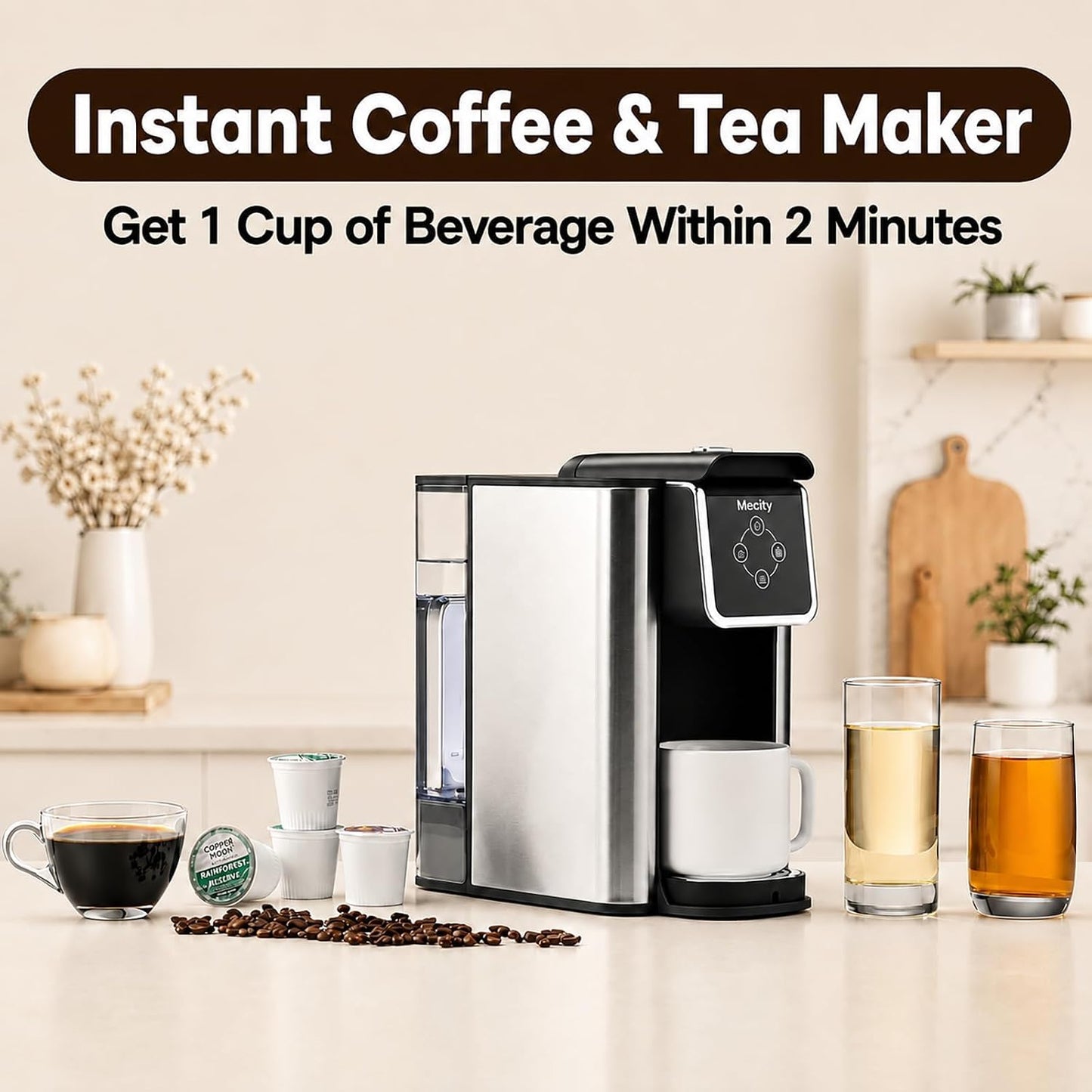Mecity Coffee Maker 3 in 1 Single Serve Coffee Machine, Compatible with K cup Capsules, Instant Coffee Pot, Tea maker, 6,8,10 Oz Cup, Removable 50 Oz Water Reservoir, 120V 1150W