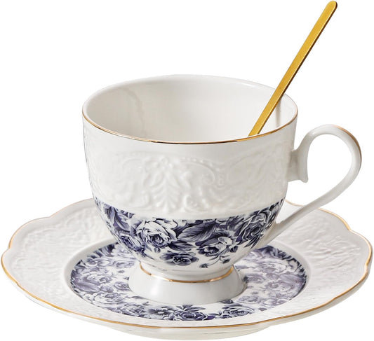 TATSUMI Interglio Embossed Bone China Tea Cup and Saucer Set, 3 Pieces Vintage Style Coffee Cup & Saucer Set For Women