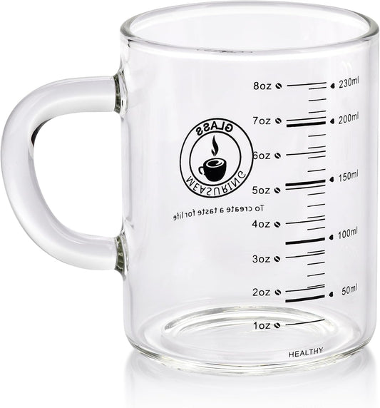 8 Oz Glass Measuring Cup, Espresso Shot Glasses, Clear Coffee Mugs for Hot or Cold Drinks With Handle, Microwave Safe Graduated High Borosilicate Cup (Black)