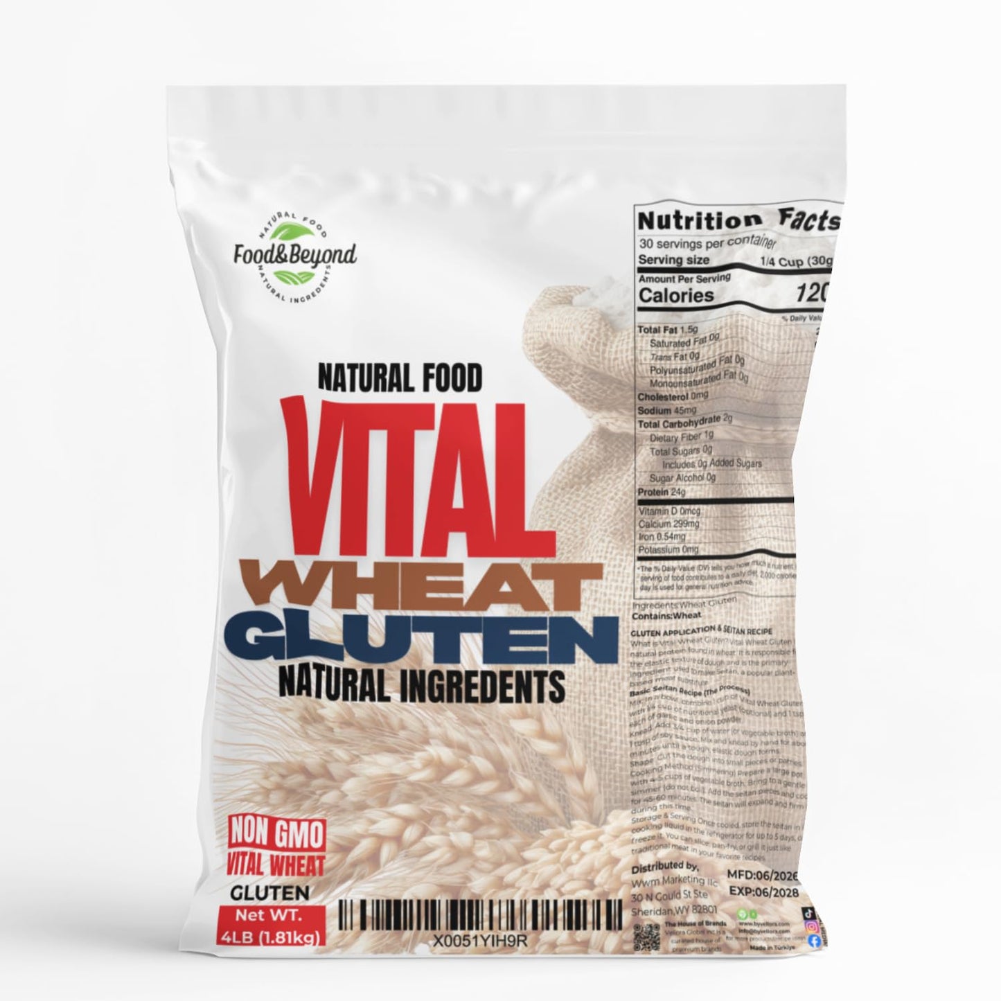 Food &amp; Beyond Vital Wheat Gluten 4 lb | High-Protein Natural Wheat Flour | Premium Quality for Baking, Bread, Pizza Dough &amp; Seitan Recipes