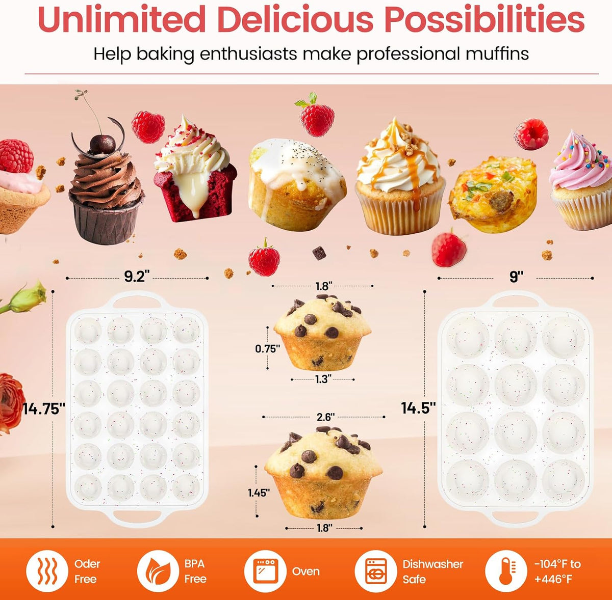 Silicone Muffin Pan with Metal Reinforced Frame - 12 Cups Muffin Pan With 24 Cups for Homemade Muffins