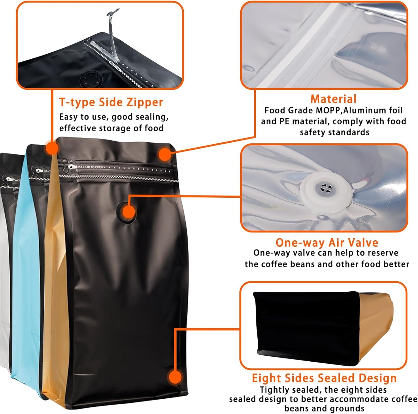 Coffee Bags with Valve (60 PCS,16oz/1lb) Black Side Color High Barrier Aluminum Foil Flat Bottom Standing Coffee Beans Storage Packaging Bags, Reusable Heat Seal Side Zipper Pouches for Small Busines
